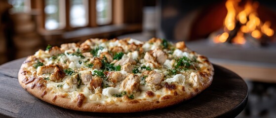 Warm and inviting setting with a freshly baked pizza topped with melted cheese, grilled chicken, and green peppers