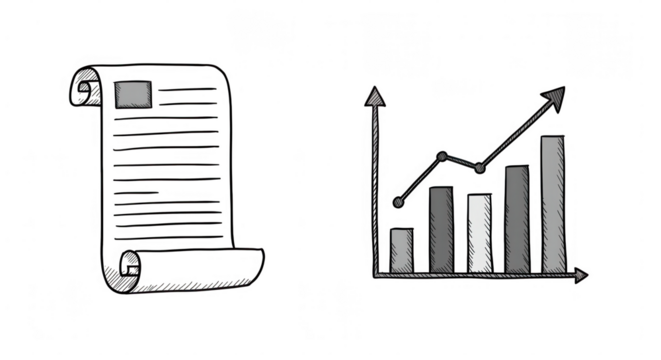 Stylized black and white bar graph with upward trend line isolated on transparent background