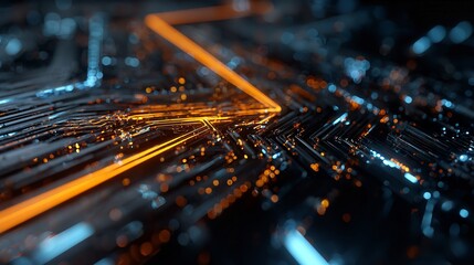 Abstract illustration of colorful neon circuit with glowing orange lamp on black surface