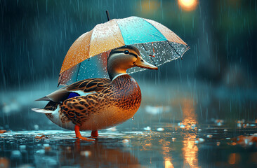 Duck with Umbrella in the Rain &ndash; Autumn Stormy Weather Scene