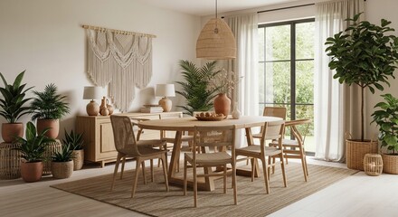 Elegant dining room with natural light and stylish decor creating a cozy atmosphere