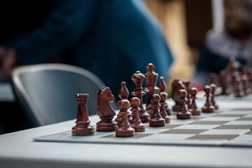 Full row of dark wooden chess pieces arranged for the start of a game on an outdoor board with...