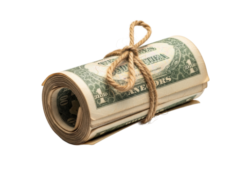 Vintage, aged banknotes bundle, tied with natural twine, isolated on transparent with soft studio light and subtle shadows. Concept of preserved personal value and hidden savings