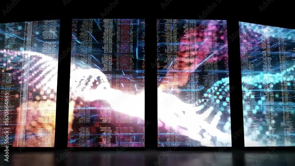 Poster abstract digital screens showing code and data visualizations