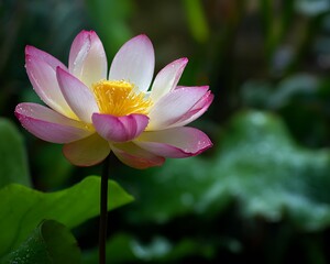 Obraz premium Delicate pink and white lotus flower blooms with vibrant yellow center amidst lush greenery