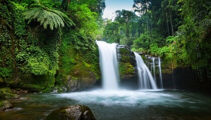 waterfall cascade surrounded by lush vegetation tropical forest setting nature photography serene landscape perspective