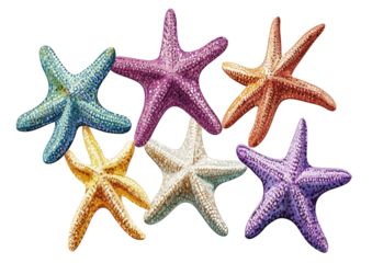 Collection of colorful starfish isolated on transparent background