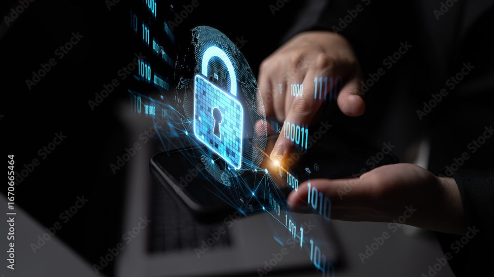 Poster cyber security protects against breaches, hacks, and network attacks using strong infrastructure and