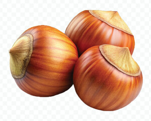 realistic 3d three hazelnuts with green leaves in different style isolated on transparent background