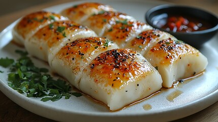 Delicious pan-seared rice cakes drizzled with sweet chili sauce served with dipping sauce photo