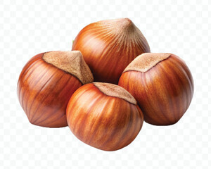 realistic 3d three hazelnuts with green leaves in different style isolated on transparent background