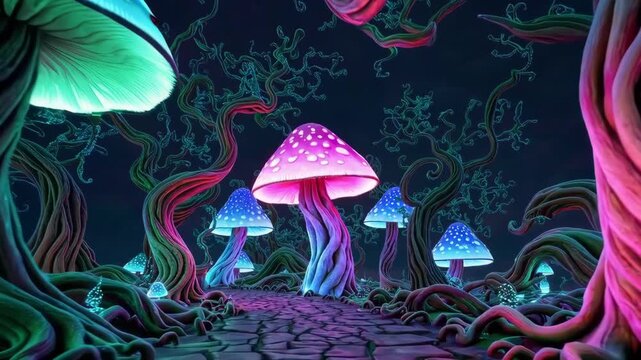 Fantasy background inspired by Alice in Wonderland with oversized mushrooms and whimsical scenery.