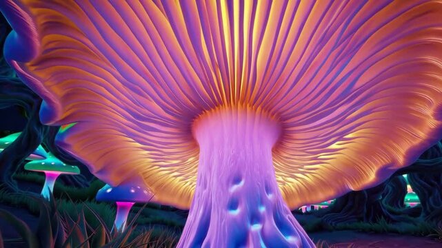 Fantasy background inspired by Alice in Wonderland with oversized mushrooms and whimsical scenery.