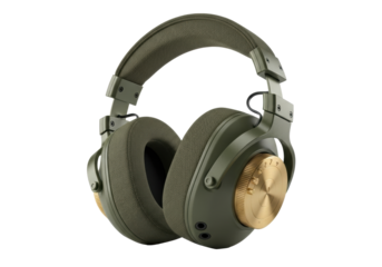 Matte olive green over-ear wireless headphones, chunky metallic rivets, corduroy, brass rotary dial, isolated on a white studio background, industrial design concept