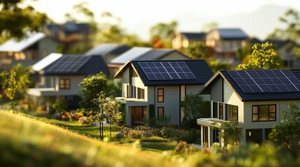 Solar panels on the roofs of houses. Neighborhood with a solar powered home and a green neighborhood. A house with a roof made of generative panels. Rooftop solar panels lifestyle on homes.