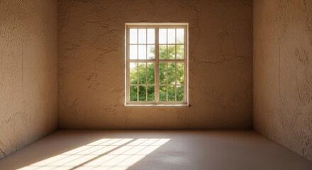 Empty room with a window looking out to green trees