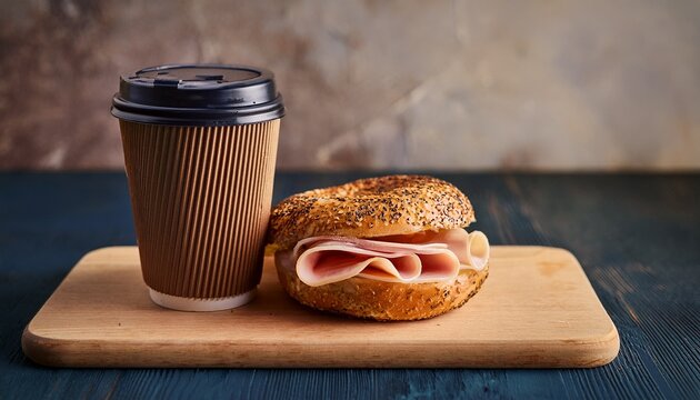 takeaway coffee paired with sesame ham bagel
