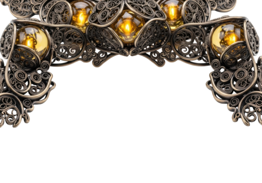 Intricate dark bronze filigree with luminous amber orbs, macro close-up, sharp focus on white background with studio lighting. Concept of ancient craftsmanship and guarded knowledge
