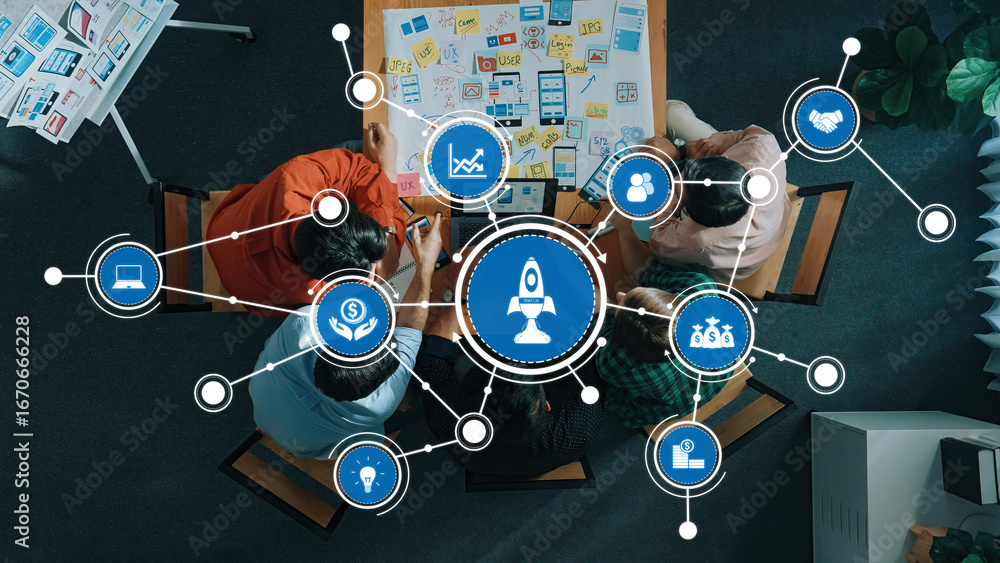 Poster a dynamic overhead view of a collaborative brainstorming session in a modern office, showcasing team