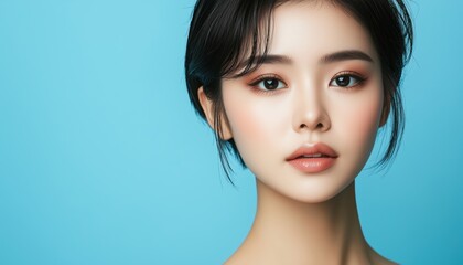 Naklejka premium Stunning Short-Haired Asian Woman Model With Fresh Skin And Natural Makeup On Blue Background. Focus On Face Care, Cosmetology, And Beauty. Portrait Of A Woman At A Spa.