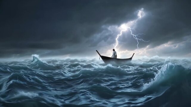 Jesus walking on water during a storm towards a boat.