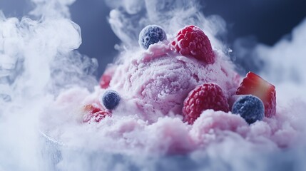 Ice cream with berries. Realistic video of a frozen frozen fruit and ice cream with a liquid nitrogen. A creamy texture of a frozen texture of creamy texture. Berries with ice cream lifestyle.