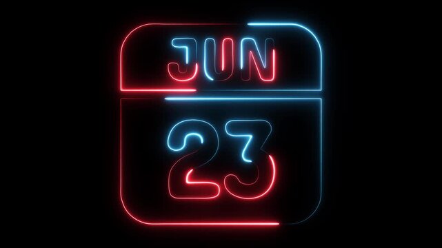 Neon calendar date June 23 glowing bright red and blue light on black background abstract digital graphic for event
