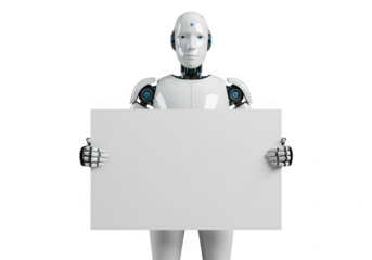 Futuristic humanoid robot holding a blank white sign for your message isolated on transparent background