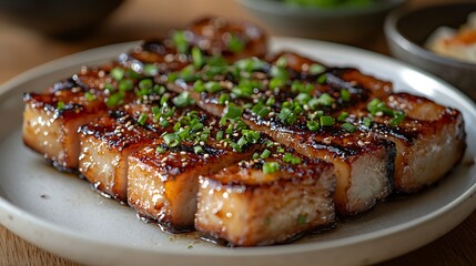Deliciously grilled and glazed pork belly with garnishes on a white plate photo