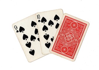 A hand of three vintage playing cards with two cards revealed on a white background.