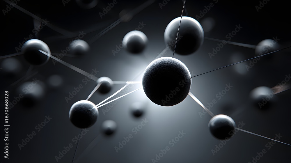 Poster dark and intricate network of spheres, with light highlighting the connections, showcasing a complex