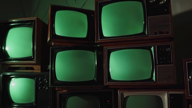 Vintage televisions stacked together powering on with green screen displays in retro style.
