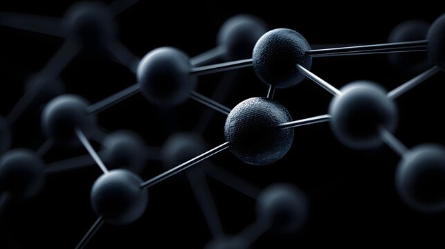 A detailed illustration of interconnected, dark-grey spheres, linked by slender metallic rods, creating a complex molecular structure in a deep black background.