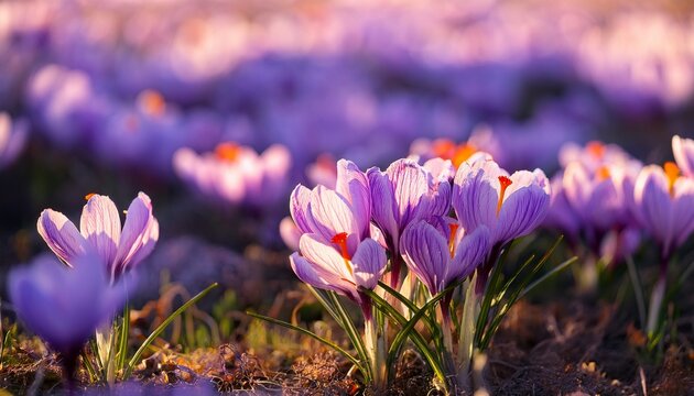 saffron crocus field bloom purple flowers with red stigmas shot in morning light very high detail
