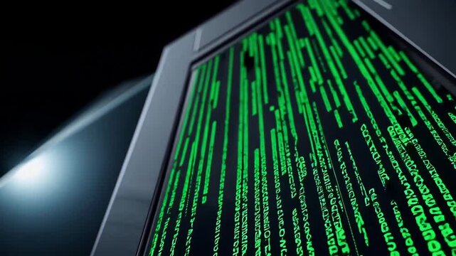 Close-up of glowing binary code on computer screen with digital atmosphere.