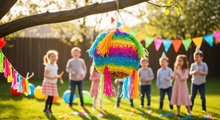 Festive pi&ntilde;ata hanging at a cheerful kids birthday party outdoors