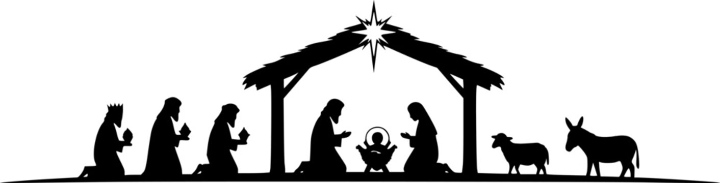 Nativity Scene silhouette vector art black color design and solid white background
