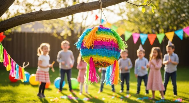 Festive piñata hanging at a cheerful kids birthday party outdoors