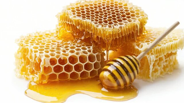 A collection of honeycombs and a honey dipper, perfect for beekeeping or educational illustrations