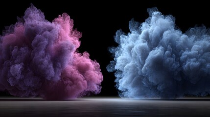 Fototapeta premium Two dramatic clouds of vibrant pink and blue ink explode in a dark setting.