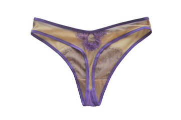 Stylish beige women's tanga panties with purple lace isolated on white background. Lingerie.