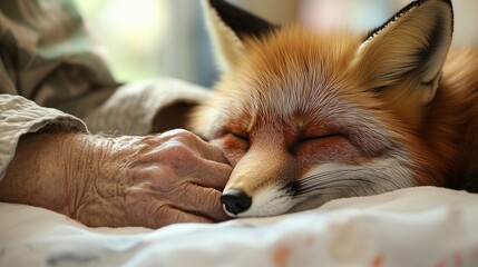Obraz premium An old woman holding the hand of fox. A girl is dancing with headphones. A street with a vertical depth of music. An elderly woman grasping the paw lifestyle of a fox.
