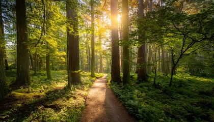 Obraz premium enchanted forest path a journey into nature s hidden wonders awaits beneath the majestic canopies of towering trees under the sun s gentle gaze perfect for adventurous souls