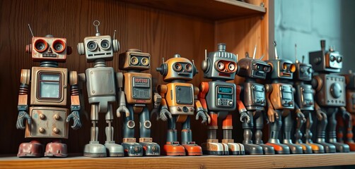 Dusty vintage robots, various sizes & styles, displayed on wooden shelf, grunge, retro robot