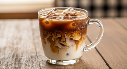 Refreshing Iced Coffee Drink with Swirled Cream and Ice Cubes on a Wooden Table