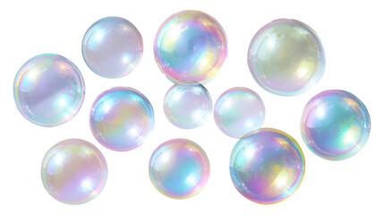 Holographic translucent pastel soap bubbles transparent image. Soapsuds balls dreamy luminous glow isolated cutout 3d render. Whimsical airy spheres cut out clipart design element png