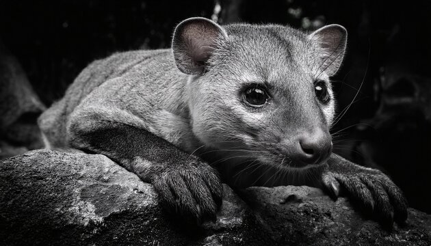 black and white portrait of a fosa cryptoprocta ferox resting on a rock ledge in the madagascar forest ideal for wildlife conservation carnivore awareness and editorial use