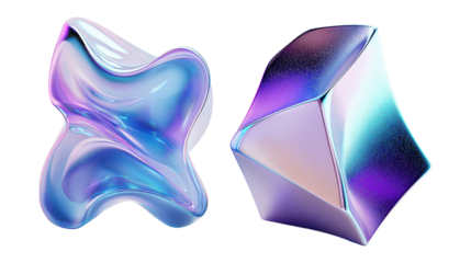 Gradient futuristic geometric and fluid shapes transparent image set. Organic curves, faceted geometry isolated cutouts 3d render. Holographic cut outs cliparts design png collection