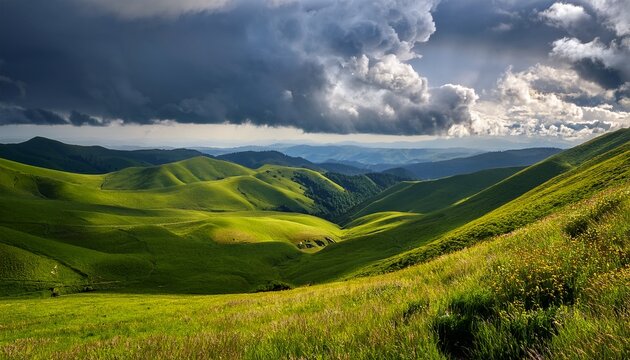 rolling green hills under dramatic clouds