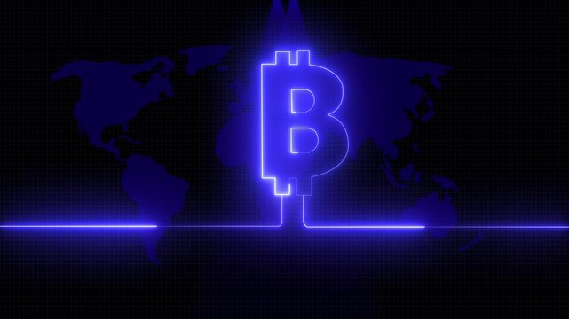 Glowing Bitcoin symbol over world digital map. Futuristic cryptocurrency, blockchain, global finance, and digital technology animation. rotates over world map on background.  - Powered by Adobe